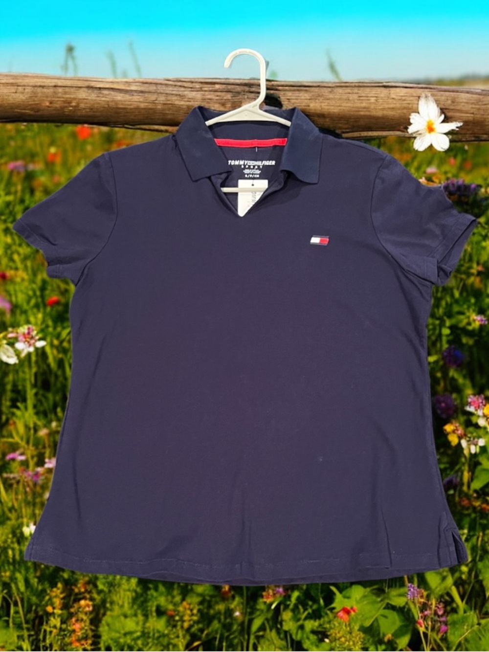 Women’s Tommy Hilfiger Navy Polo Shirt with Flag Logo.. from Tommy Sport